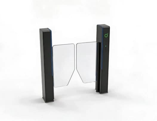 506-E42 slim black swing gate with two posts and opposing acrylic barriers
