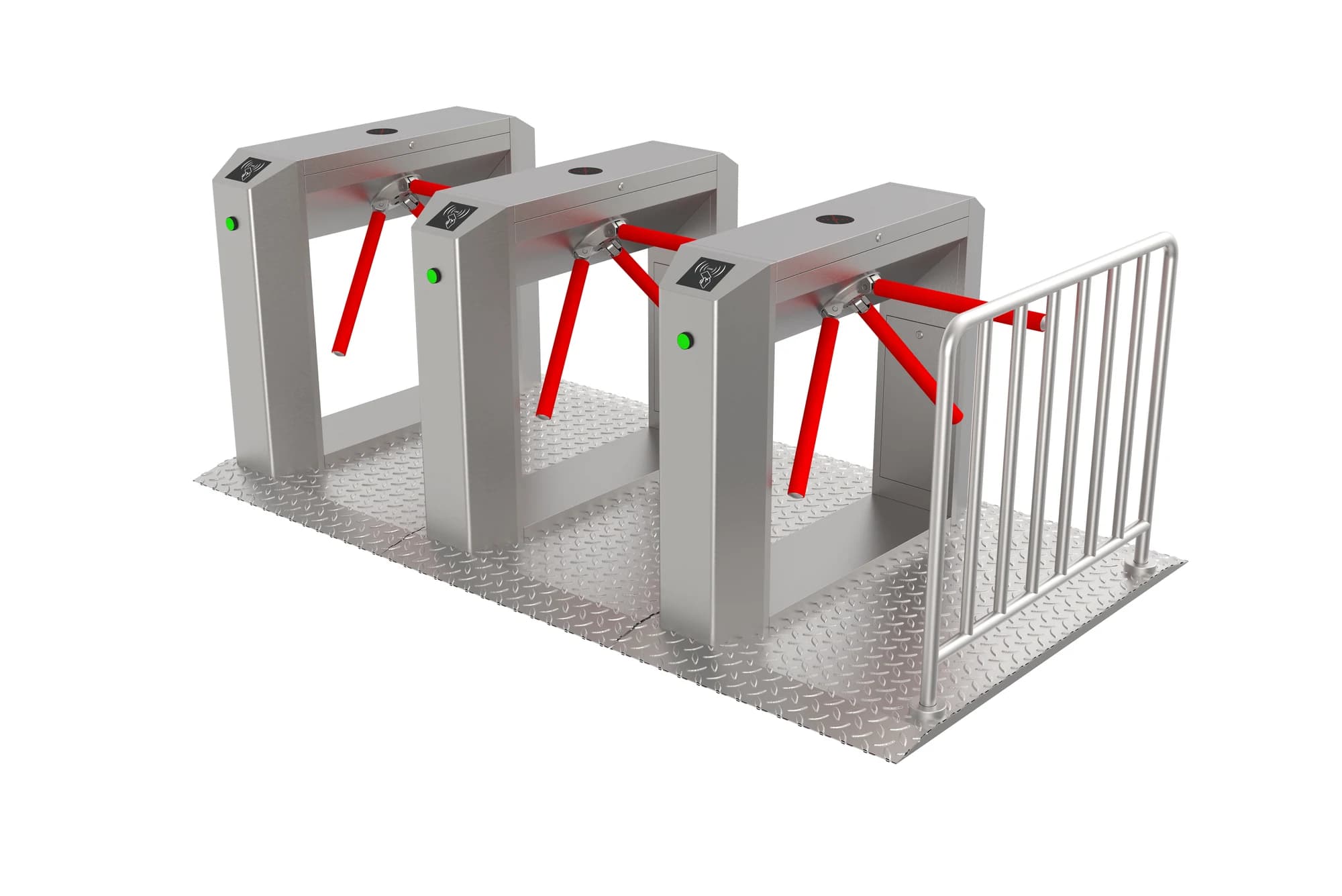 FC-TFTBJ tripod turnstiles arranged on a platform with side railings