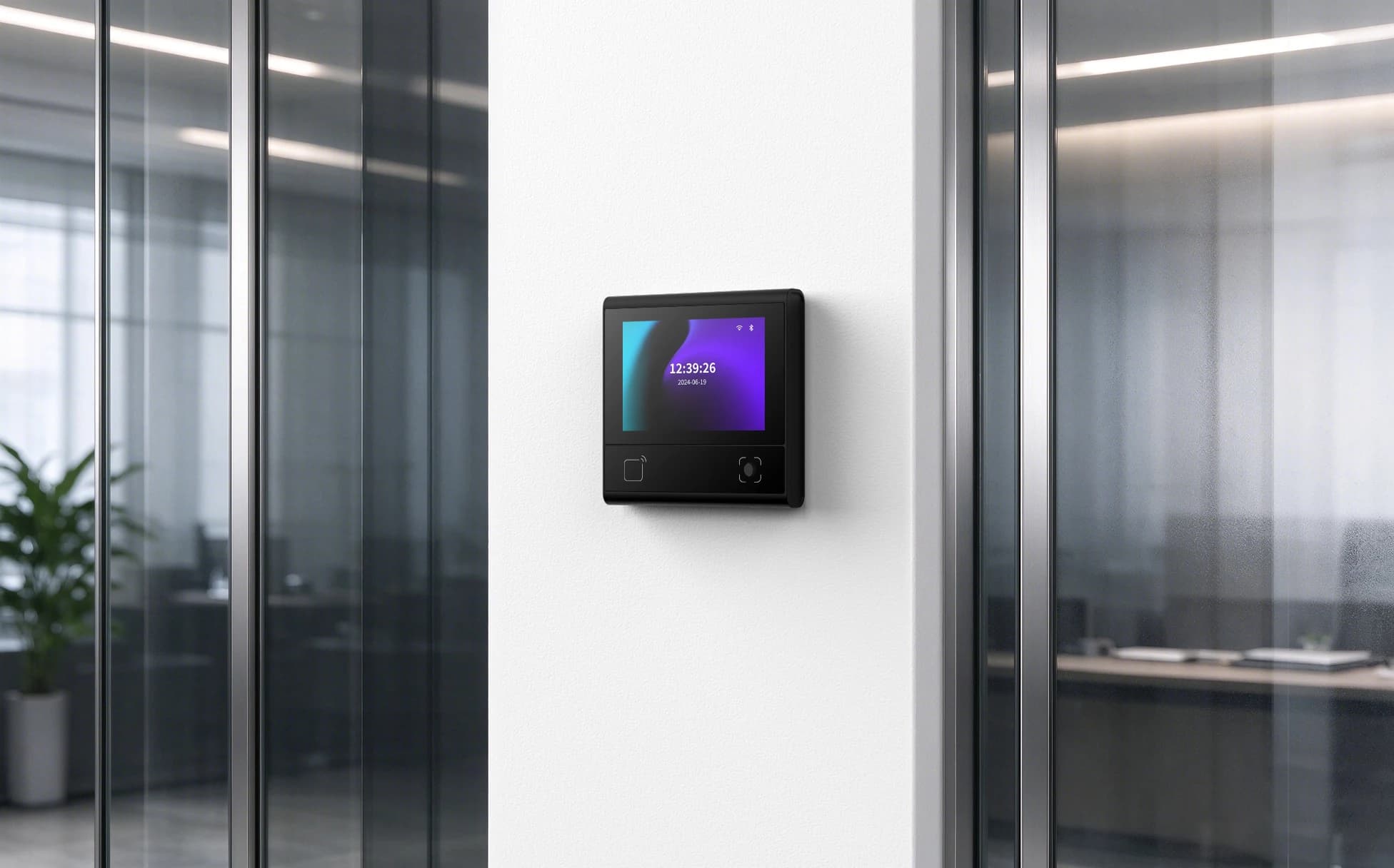 FC6820 display terminal beside a glass office entrance