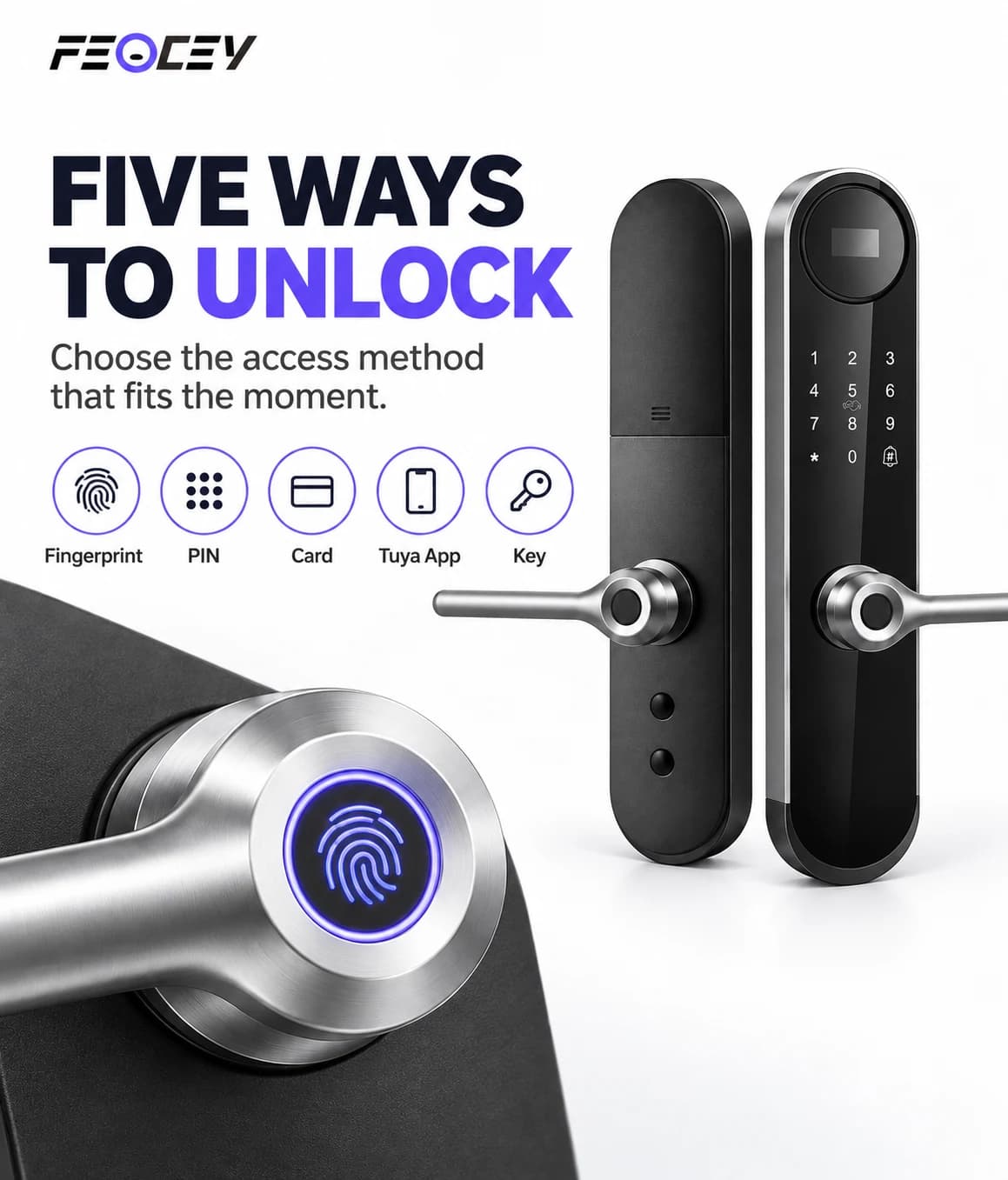 FC8286LD illustrated fingerprint, PIN, card, Tuya app and mechanical-key access methods