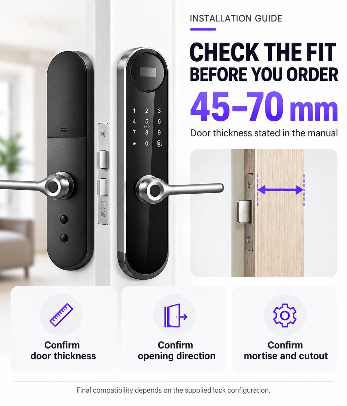FC8286LD supplied door-fit illustration marked 45 to 70 mm with opening-direction and mortise checks