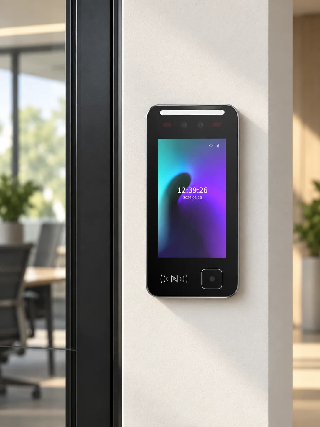 Application illustration of an FCV4914 compact terminal on a narrow office doorway wall