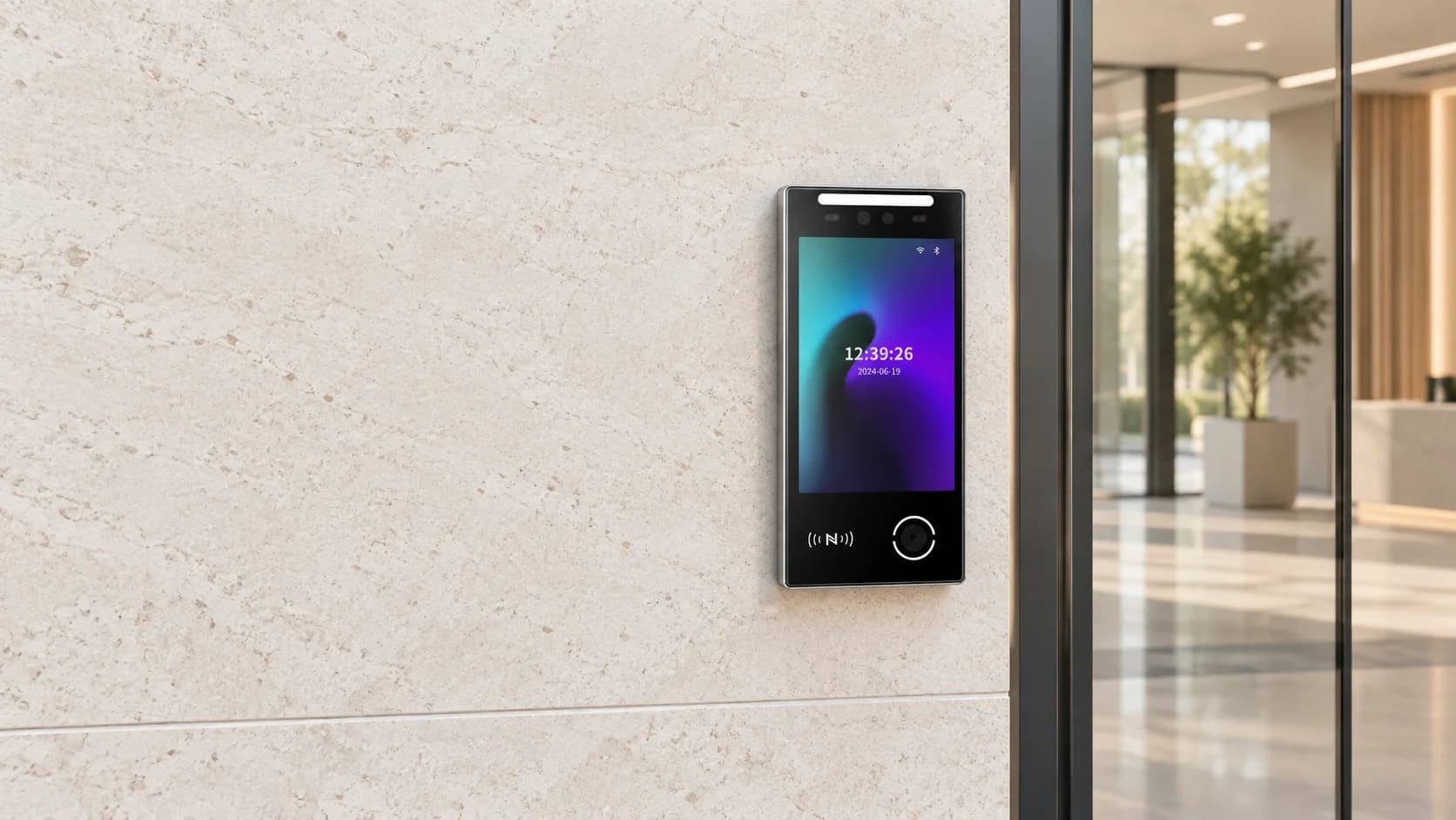 Application illustration of an FCV4905 face terminal on limestone beside a glass office entrance
