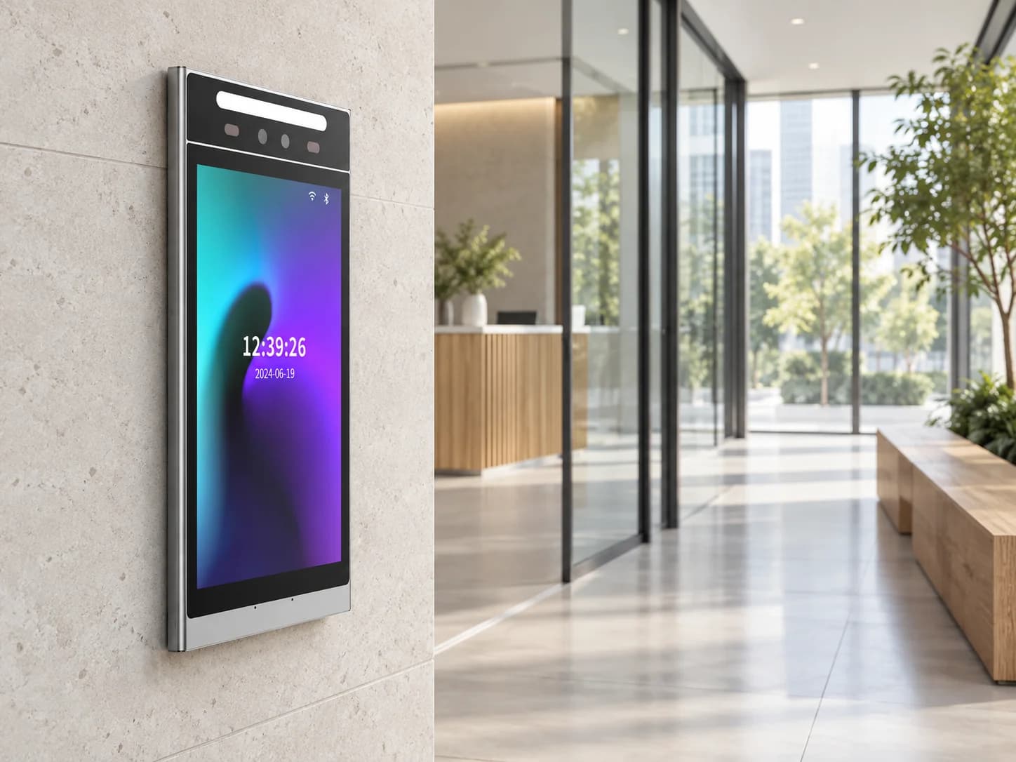 Application illustration of an FCV5005 terminal beside a bright reception lobby