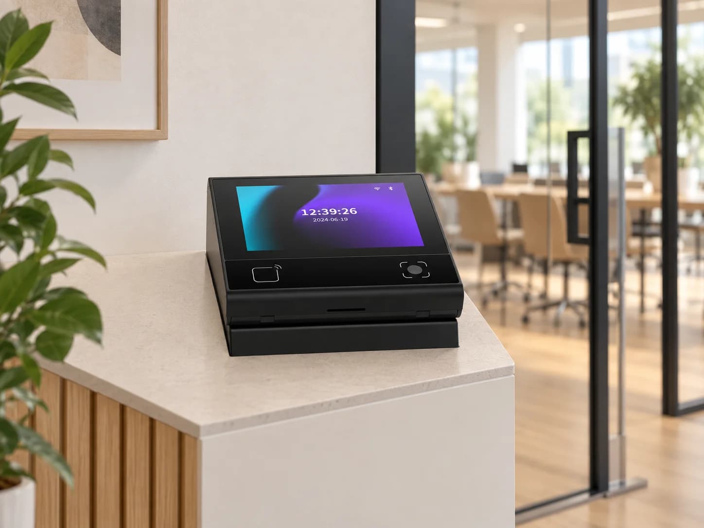 Application illustration of an FC6820 display terminal at a shared workspace entrance