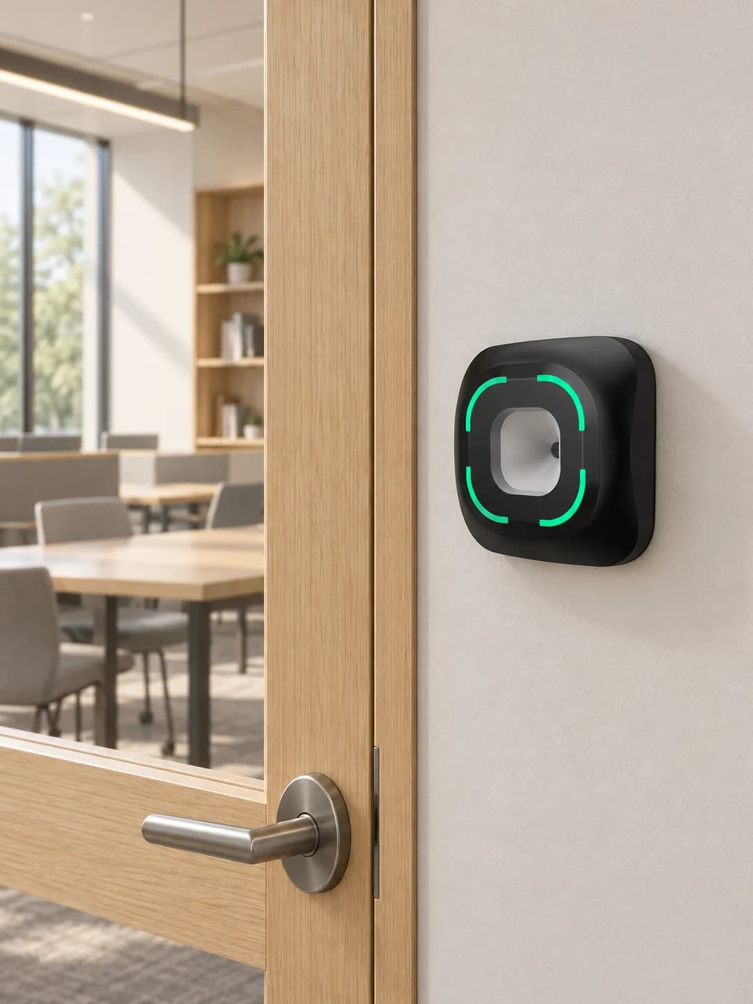 Application illustration of an FC7780 QR reader beside a shared study-room door