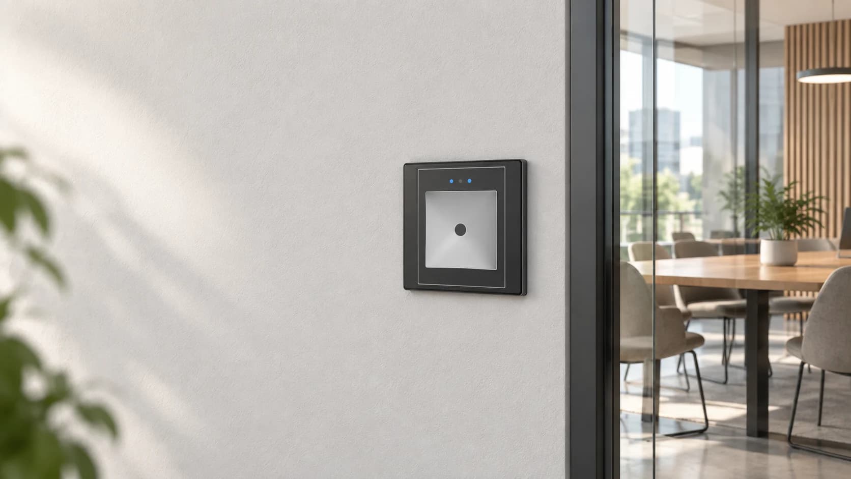 Application illustration of an FC7788 flush QR reader beside a shared meeting room