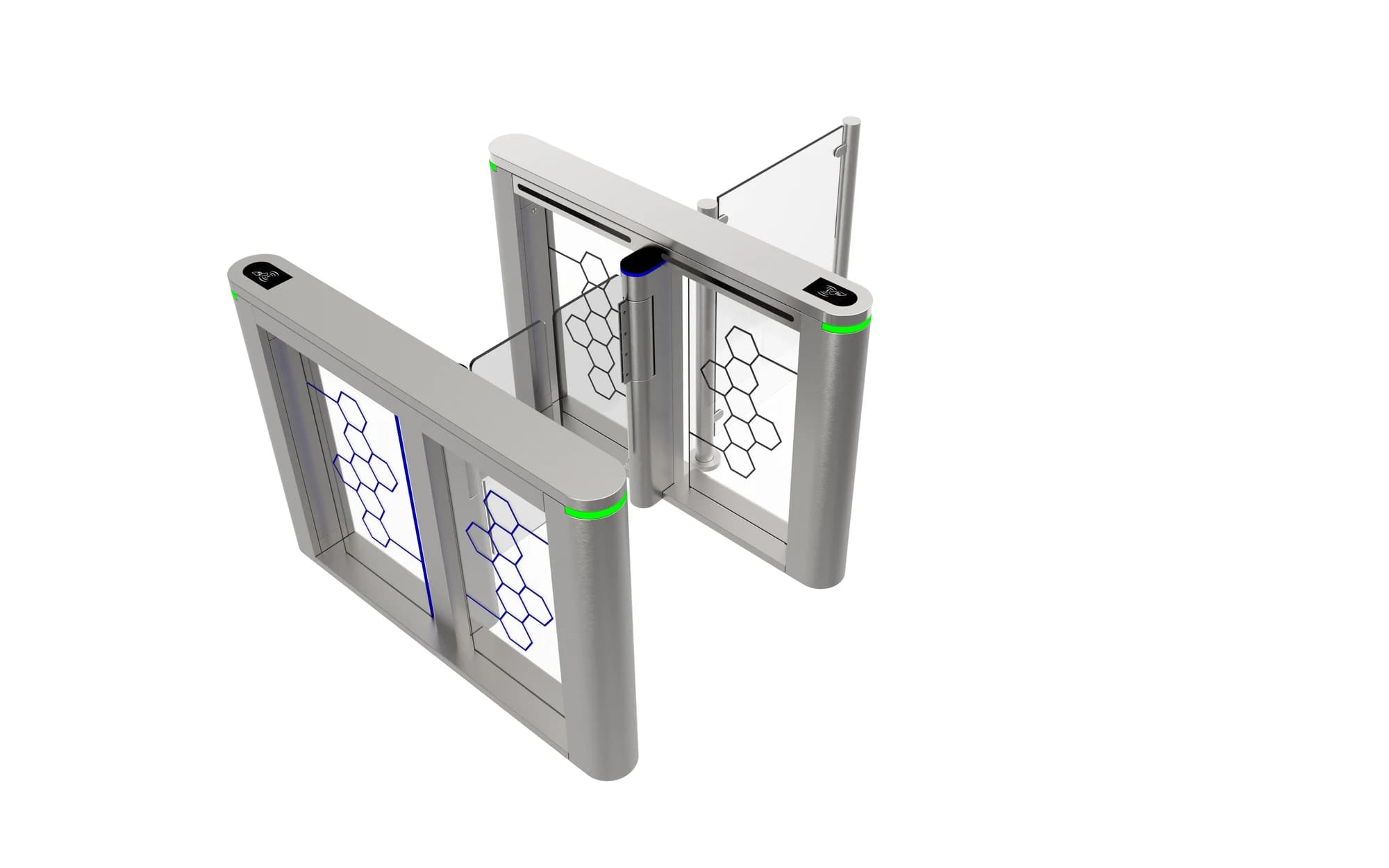 FC-SFGRT rounded metal swing gate cabinets with patterned side panels and acrylic barriers
