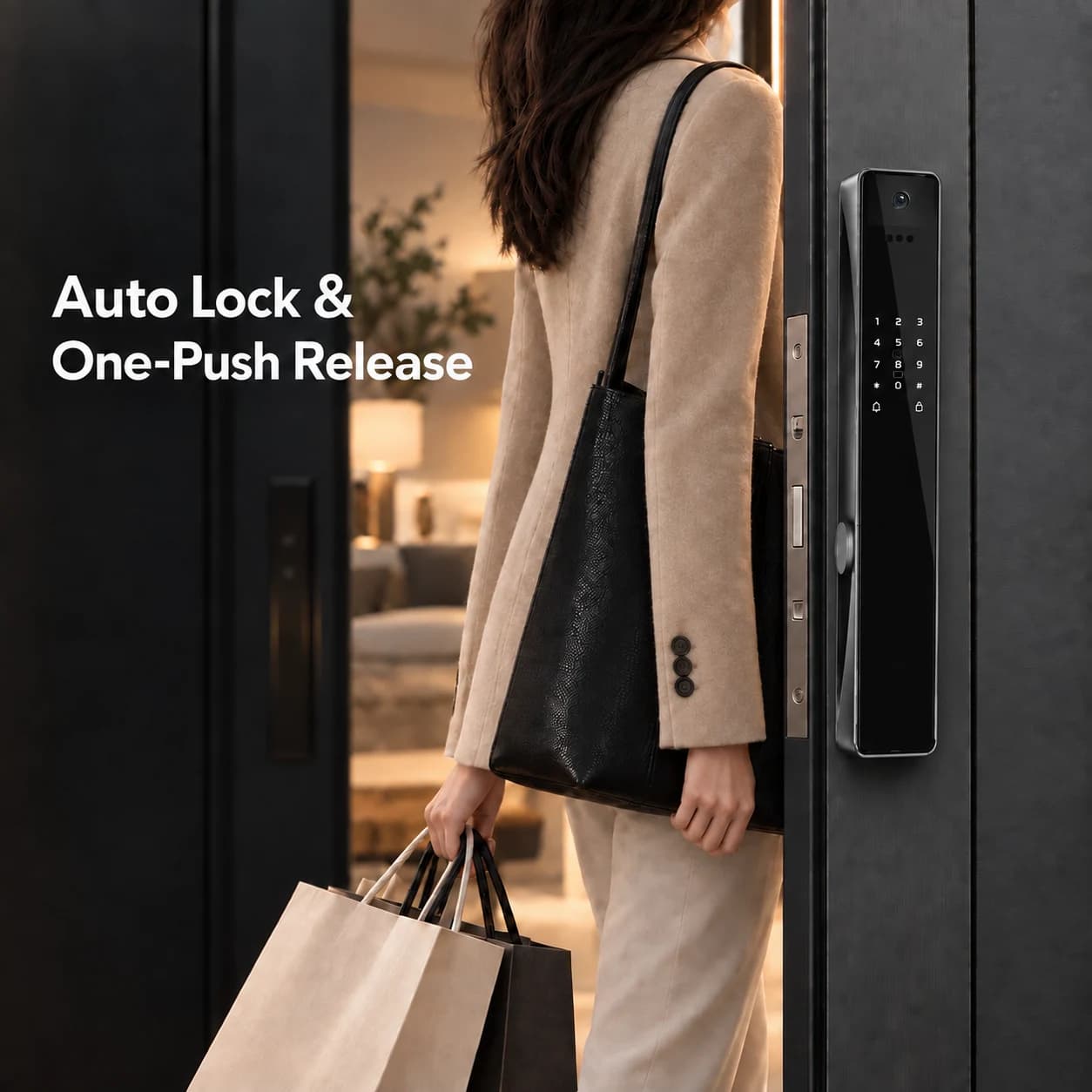 FC101DH smart lock illustrated on a residential entrance as a person arrives