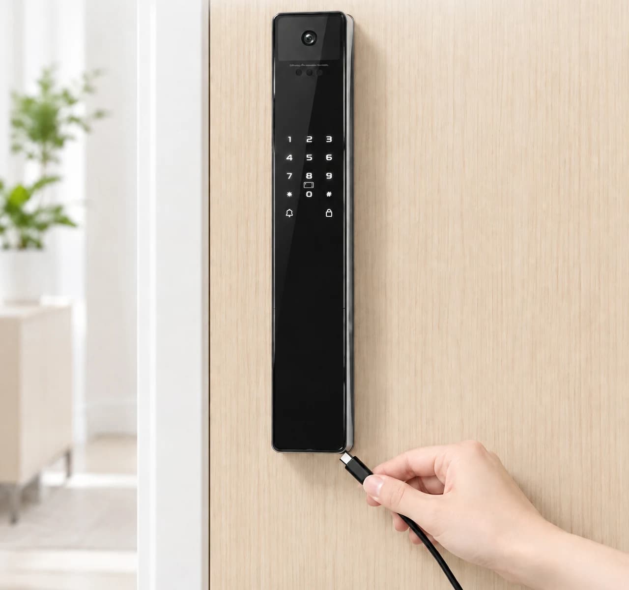 FC101DH door-mounted exterior lock panel with an illustrated Type-C emergency connection