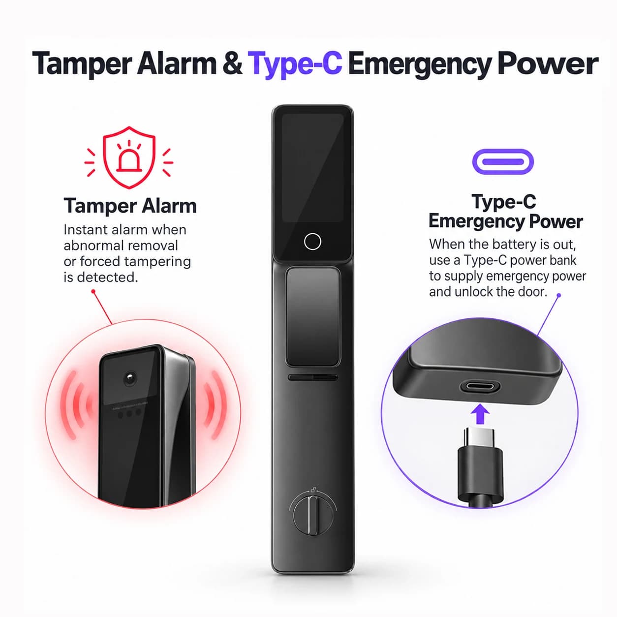 FC101DH illustrated Type-C emergency power connection and tamper-alert context