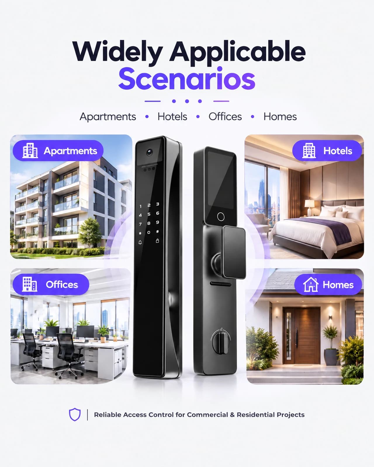 FC101DH exterior and interior panels illustrated with home, apartment, office and hotel entrance settings