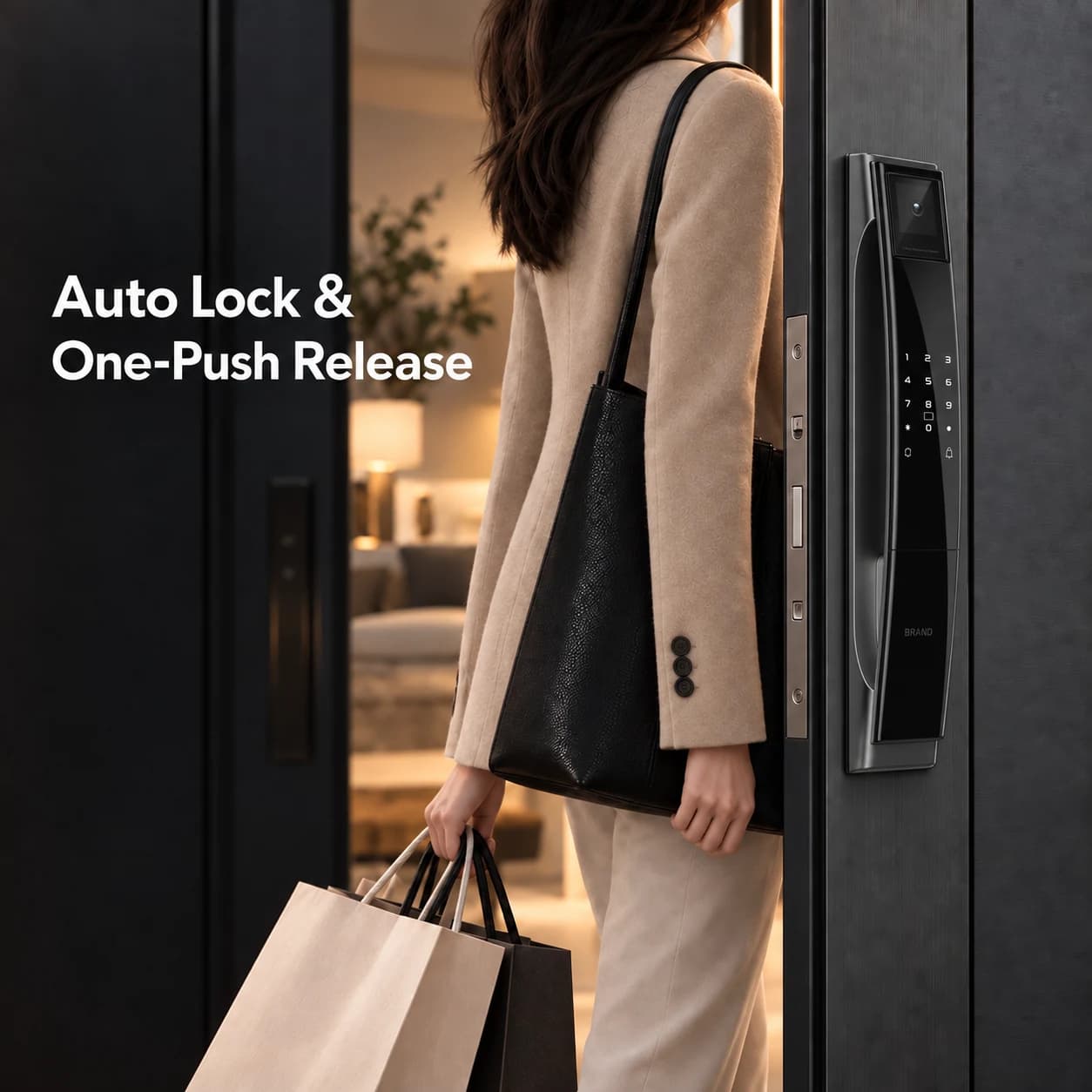 FC102DH smart lock illustrated on a residential entrance as a person arrives