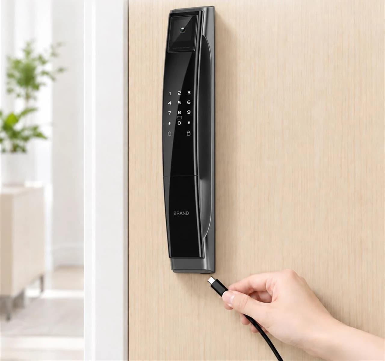 FC102DH door-mounted exterior lock panel with an illustrated Type-C emergency connection