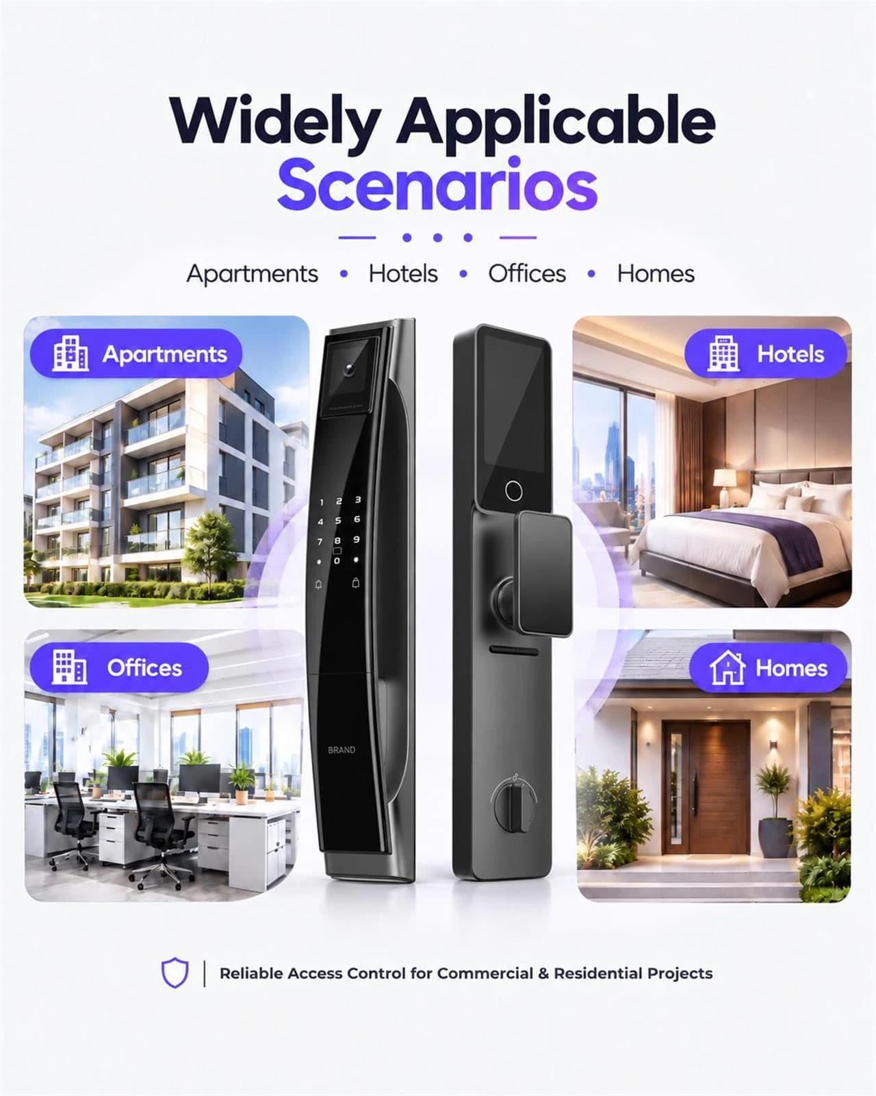 FC102DH exterior and interior panels illustrated with home, apartment, office and hotel entrance settings