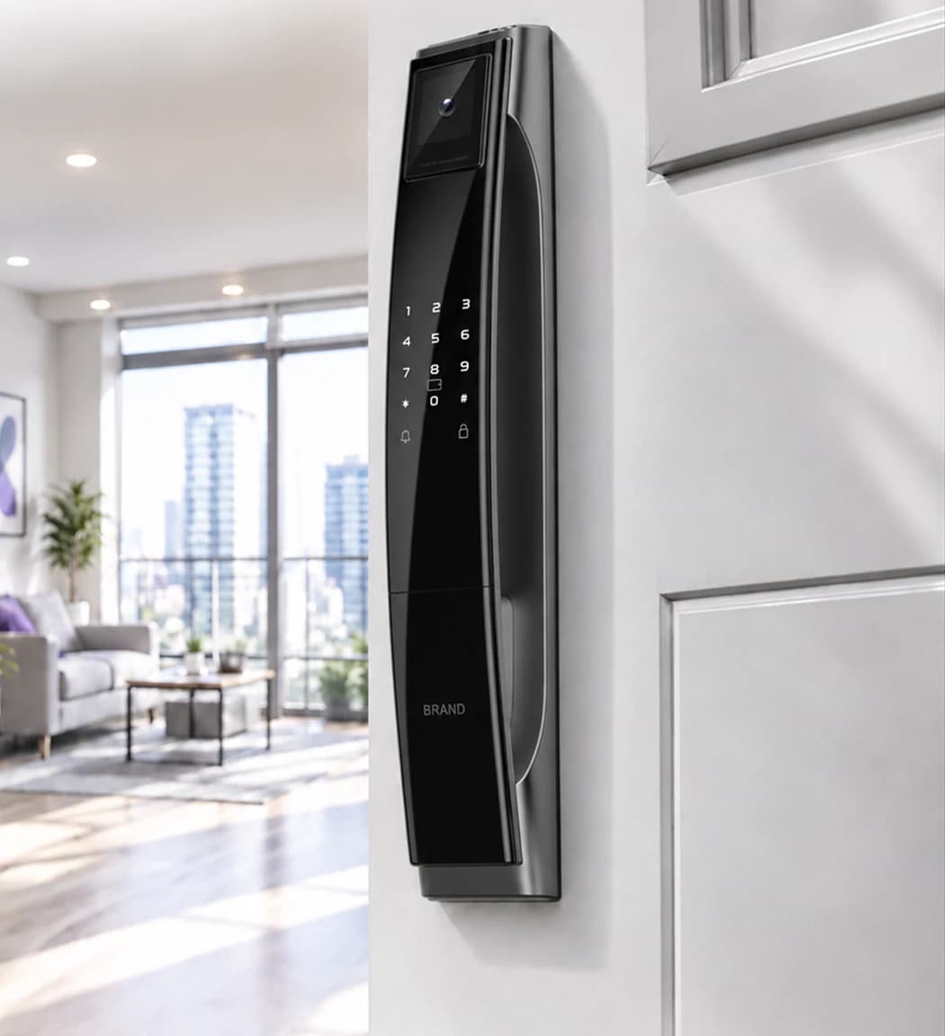 FC102DH mortise smart lock exterior illustrated on an entrance door