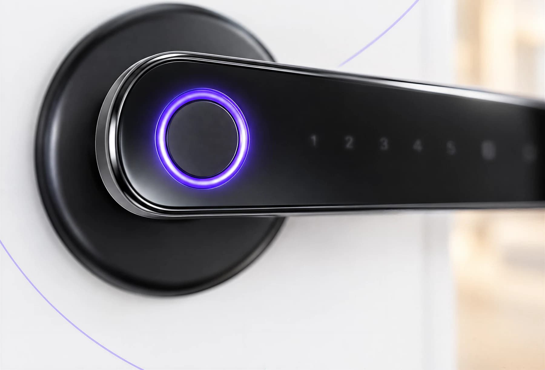 FC20L compact keypad lever and circular fingerprint area illustrated on a door