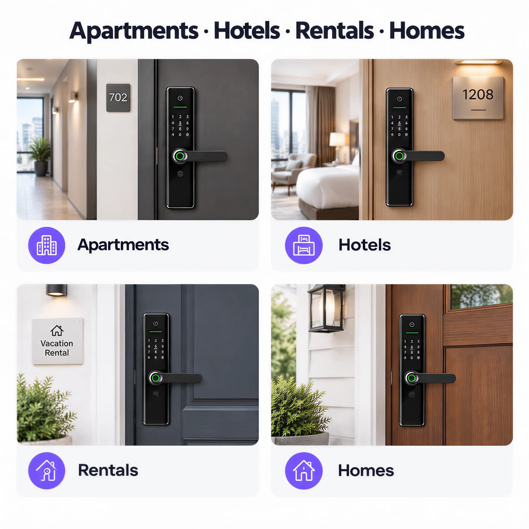 FCV4288LD door-viewer lock illustrated at home, apartment, rental and hotel entrances