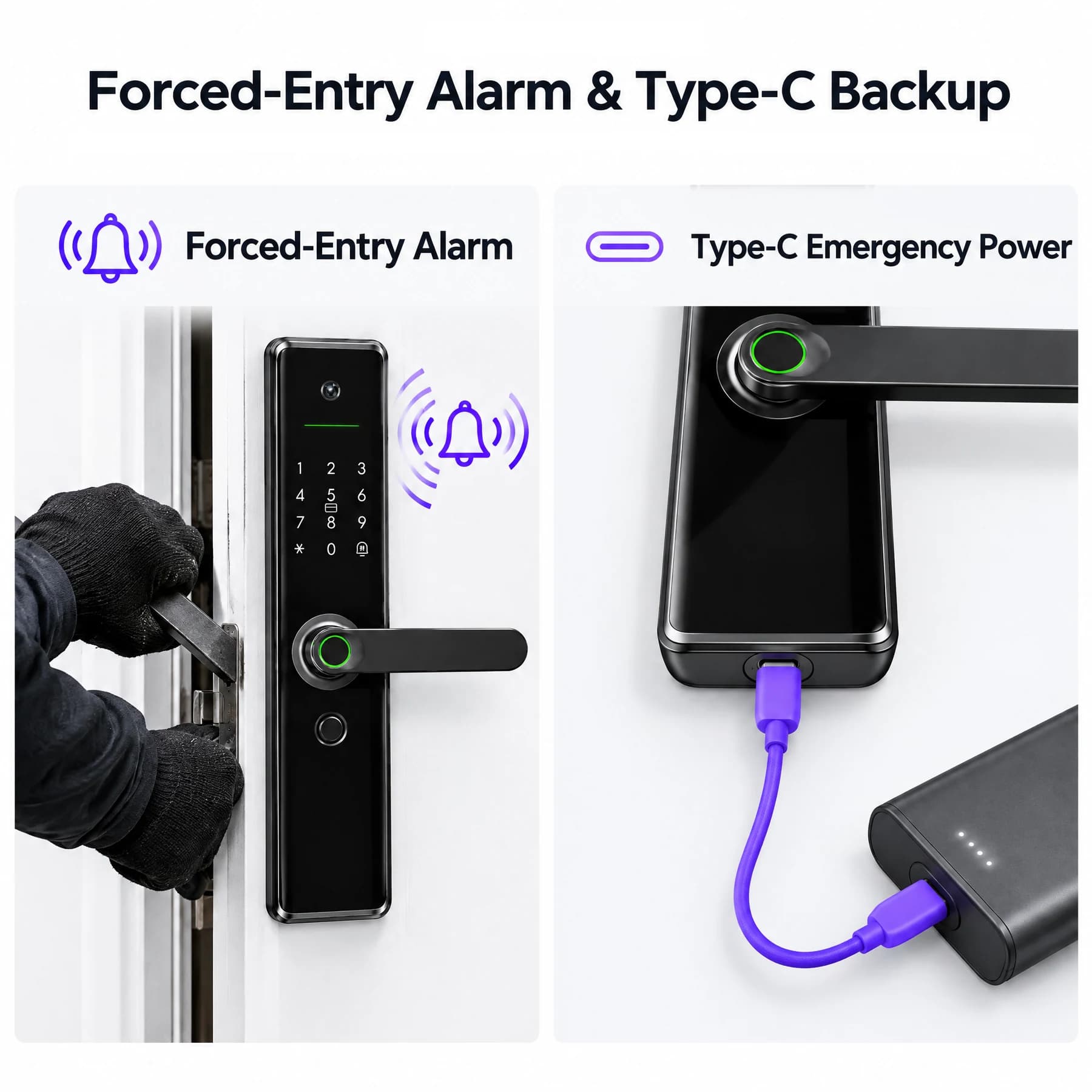 FCV4288LD illustrated tamper alert and Type-C emergency power connection on the lever lock