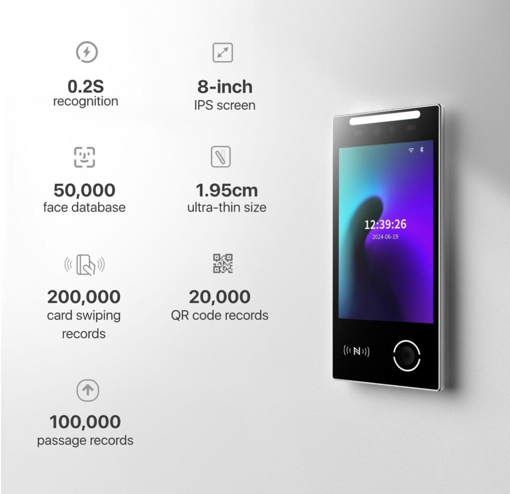 The Feocey Fcv4905 face recognition terminal is mounted on the wall and located on the right side of the picture. The left side of the picture shows the device's advantages in the field of access control hardware. The picture has a white background.