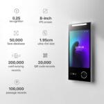 The Feocey Fcv4905 face recognition terminal is mounted on the wall and located on the right side of the picture. The left side of the picture shows the device's advantages in the field of access control hardware. The picture has a white background.