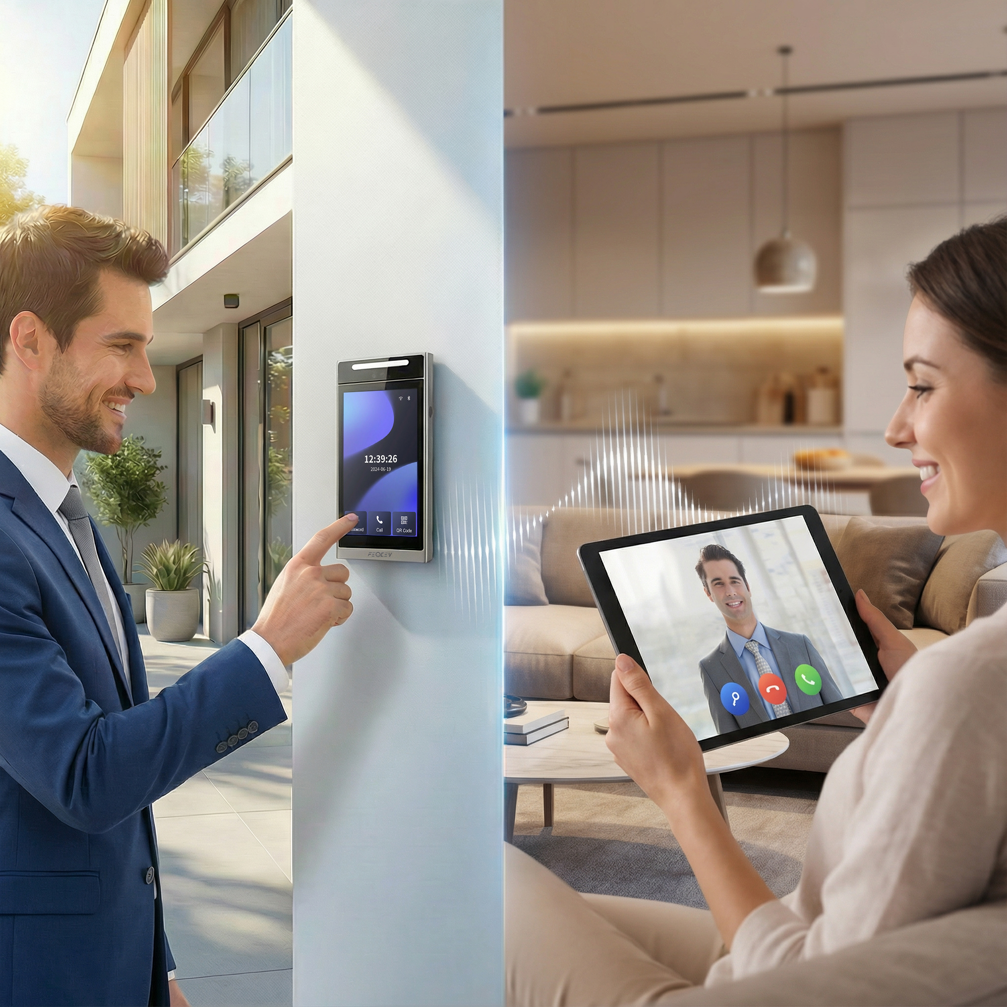 Feocecy Office All-in-One Facial Recognition Video Intercom System in use at a modern office building